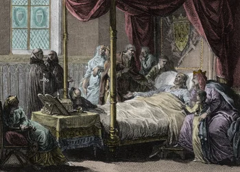 Tod von Dagobert I., König der Franken, in Anwesenheit seiner Frau, Königin Nantilde, und seines Sohnes, des zukünftigen Clovis II. Gravur von Jean Michel Moreau, genannt Moreau le Jeune