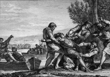 Tod Wilhelms I. von der Normandie (910-942), 943 in Piquigny (Somme) von Flamen ermordet. Gestochen von Jean Michel Moreau, genannt Moreau le Jeune (1741-1814)