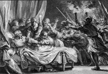 Ende der karolingischen Dynastie, 988: Verhaftung von Karl (953-991), Herzog von Niederlothringen, durch Hugo Capet (941-996) und seine Armee. (Gravur von Jean Michel Moreau, genannt Moreau le Jeune)