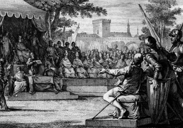 Gesetzgebung unter Karl dem Großen: Vorlesen eines neuen Gesetzes vor den Volksvertretern, die ihre Zustimmung oder Ablehnung ausrufen. 8.-9. Jahrhundert. Gravur von Jean Michel Moreau, genannt Moreau le Jeune (1741-1814)