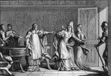 Ludwig V. der Faule (966-987), König der Franken, vertreibt seine Mutter, Königin Emma von Italien (945-988), die beschuldigt wird, ihren Ehemann, König Lothar (941-986), vergiftet zu haben, 987. Gravur von Jean Michel Moreau, genannt Moreau le Jeune (1741