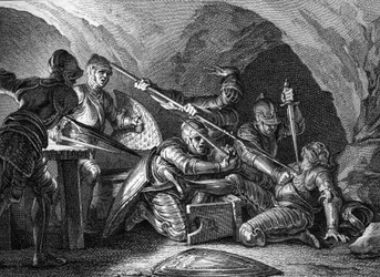 Vereinigung des Herzogtums Aquitanien mit der Krone: Ermordung Waifres (oder Gaifiers), des Herzogs von Aquitanien (767 oder 768). Stich von Romanet nach Moreau le Jeune (1779).