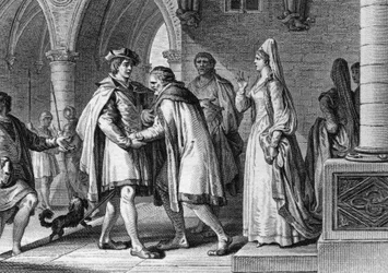 Philipp I. (1052-1108), König der Franken, besucht den Hof des Grafen von Anjou, Foulques le Rechin (1042-1109). Diese Reise dient als Vorwand, um seine Ehe mit Bertrade de Montfort (ca. 1070-1118), der Frau des Grafen, zu arrangieren. 1095. Gravur von Jea