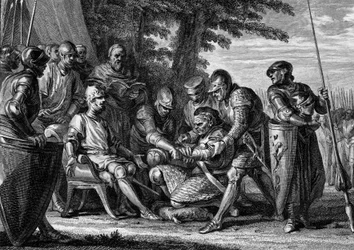 Rollon (ca. 860-933), Wikingerhäuptling, weigert sich, den Fuß von König Karl III. dem Einfältigen (879-929) im Jahr 912 zu küssen. Gravur von Jean Michel Moreau, genannt Moreau le Jeune (1741-1814)