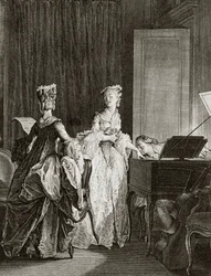 Saint Preux und Claire am Cembalo in „Julie ou la nouvelle Héloïse“ von dem Schweizer Philosophen Jean Jacques (Jean-Jacques) Rousseau (1712-1778) - Gravur von Moreau le jeune, Jean Michel (1741-1814)