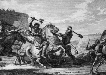 Belagerung von Paris durch das Heer Ottos II., 978: Ein deutscher Ritter, der Neffe des Kaisers, wird bei dem Versuch ermordet, nach Paris einzudringen. Stich von Jean Michel Moreau, genannt Moreau le Jeune (1741-1814)