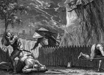 Belagerung von Poitiers, 954: Während eines Sturms zerstörte ein Blitz das Zelt von Hugo dem Großen (897-956). (Gravur von Jean Michel Moreau, genannt Moreau le Jeune)