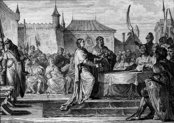 Nachfolge von Pippin dem Kurzen, 768: Eine Versammlung beschloss, das Königreich zwischen seinen beiden Söhnen Karl dem Großen (747-814) und Karlmann (ca. 751-771) zu teilen, wodurch die von Pippin dem Kurzen getroffenen Vereinbarungen aufgehoben wurden. G