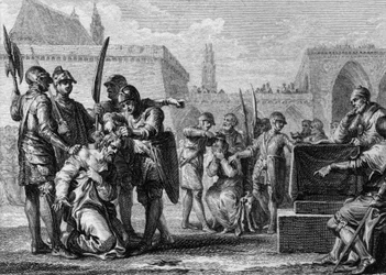 Thierry III. (651-691), König der Franken, und Ebroin (gestorben 681), Bürgermeister des Palastes von Neustrien, wurden von der Bevölkerung, die den beiden Männern feindlich gesinnt war, niedergemäht. 669. Gravur von Jean Michel Moreau, genannt Moreau le J