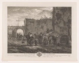Mönche verteilen Essen an Pilger auf einem Innenhof. Prenten naar schilderijen door Philips Wouwerman. Oeuvres de Ph.pe Wouwermans Hollandois