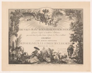 Titelblatt mit Figuren und Tieren in einer Landschaft, mit dem Porträt von Philips Wouwerman