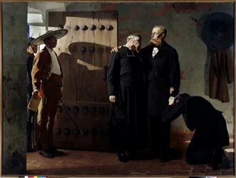 Kaiser Maximilian I. (1832-1867) von Mexiko vor seiner Hinrichtung am 19. Juni 1867. Der Kaiser tröstete einen Priester, bevor er sein Gefängnis verließ. 1882, Sankt Petersburg, Eremitage.