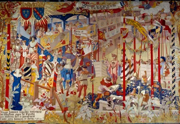 Turnierszene am Ende des 14. Jahrhunderts. Gobelin zur Ausschmückung des öffentlichen Saals der Archives Nationales in Paris, nach einem von dem Künstler Jean-Paul Laurens (1838-1921) gemalten Karton.