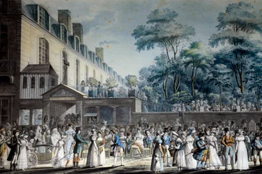 Ansicht von Paris: die Promenade des Türkischen Gartens. Lithographie von Jean Pierre Marie Jazet (1788-1871)