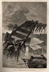 Nach der Zerstörung ihres provisorischen Lagers trug die Besatzung der La Hansa die Boote und das von ihrem Schiff geborgene Material von einem Eisberg zum anderen, um die Expedition fortzusetzen und Hilfe von einem Eskimolager zu finden, graviert nach der