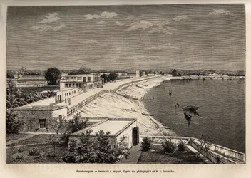 Chandernagor (heutiges Chandannagar, in Westbengalen), am Ufer des Ganges, Gravur nach der Zeichnung von J. Moynet, zur Illustration der Reise in Indien der Rajahs, 1864-1868, von Louis Rousselet, veröffentlicht in „Le tour du monde“ 1874, herausgegeben