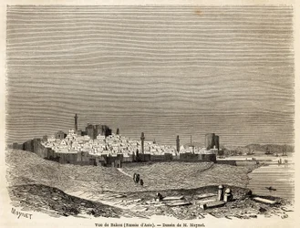 Ansicht von Baku (Russland, Aserbaidschan), Zeichnung von Mr. Moynet, zur Illustration der Reise an die Küste des Kaspischen Meeres im Oktober 1858 von Mr. Moynet. Gravur in „Le tour du monde, nouveau journal des voyages“ Paris