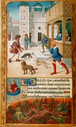 Miniatur mit Dives, der mit seiner Frau feiert und von Lazarus angesprochen wird, in einer Stadtlandschaft, gefolgt im unteren Rand von Dives, der von Dämonen gequält wird und von der Seele von Lazarus beobachtet wird, die von Gott im Himmel gehalten wird