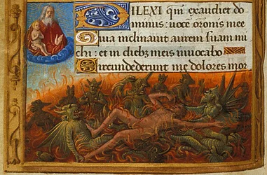 Stundenbuch, Detail: Dives von Dämonen gequält und von der Seele des Lazarus beobachtet, ca. 1500