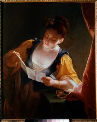 Junge Frau beim Lesen eines Briefes (1677-1734), 18. Jahrhundert, Maße: 0,99 x 0,81 m