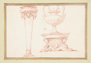 Gebundenes Zeichnen, eine Vase und eine Lampe auf einem Ständer, in Dessins d