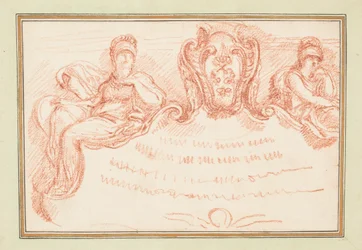 Deckenverzierung mit zwei sitzenden Figuren und Wappenschild
