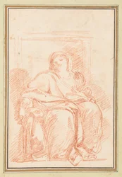 Sitzende weibliche Figur in Gewändern