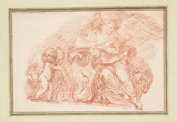 Geflügelte Figur und Putto, die ein Wappenschild halten