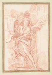 Geflügelte Figur zwischen Fenster und Säule