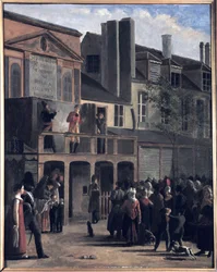 La Parade de Bobèche et Galimafre, Darstellung einer Menschenmenge, die eine Straßenshow beobachtet.