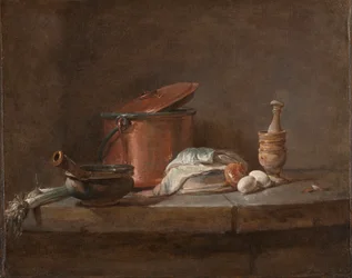 Küchenutensilien mit Lauch, Fisch und Eiern