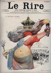 Der neue Raum - Marianne mit phrygischer Mütze - Marianne in einem Kleid in zwei Teilen: eine rote Seite und die andere Seite mit Fleur-de-Lis-Dekor - (Der Cartoon bezieht sich auf die politische Spaltung zwischen Republikanern und Monarchisten)