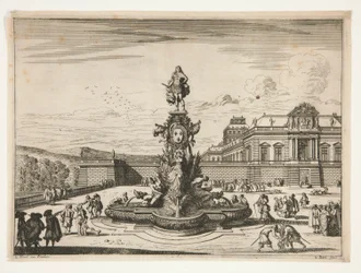 Brunnen, mit Palast im rechten Hintergrund