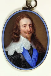 König Karl I. in purpurschwarzem Gewand mit Spitzenkragen und blauem Hosenbandorden-Band
