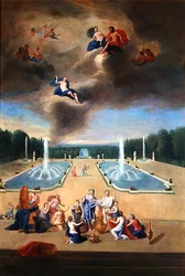 Haine von Versailles. Blick auf das Wasserparterre und die Tierkabinette, mit Priesterinnen, die ein Opfer für Venus vorbereiten