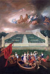 Blick auf die Orangerie und das Schloss von Versailles mit der Entführung der Helena, 1688