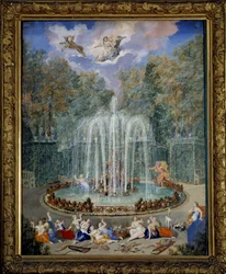Ansicht des Hains des Sterns oder des Wasserbergs in den Gärten von Versailles mit Alphee, der Arethuse verfolgt, und am Himmel führt Diana ihren Wagen