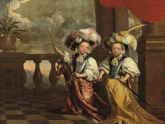 Doppelporträt von zwei Jungen, ganzfigurig, als Ritter verkleidet, einer mit einer Flöte, der andere auf einem Steckenpferd mit einer Peitsche, beide auf einem Balkon, 1668