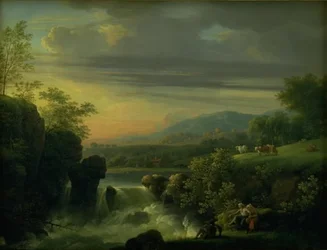 Eine bergige Landschaft mit einem Wasserfall. Sonnenaufgang