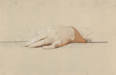 Eine linke Hand auf einem Tisch ruhend, eine Rose haltend