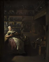 Kücheninterieur mit einem lesenden Mädchen