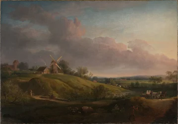 Landschaft mit einer Kirche und einer Mühle