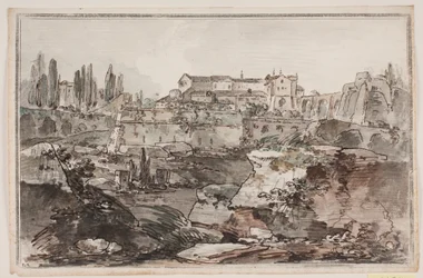 Prospekt mit Festung (?), Ruinen, Felsen und Wasser