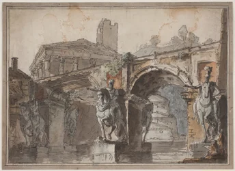 "Römische" Aussicht mit Brücke, Tempelruine und Reiterstatue
