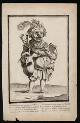 Mann mit Dudelsack und Pfauenfederkopfschmuck, surrealistischer Kostümdruck, ca. 1700