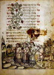 Durchquerung des Roten Meeres, aus einem Machazor des 15. Jahrhunderts, Biblioteca Palatina, Parma