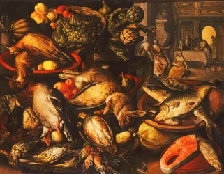 Wild, Fisch, Obst und Gemüse in Körben und Schalen in einer Speisekammer, 1569