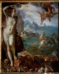 Perseus rettet Andromeda, die an einen Felsen gekettet ist
