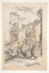 Ein Kerzenhalter und verzierte Krüge in einer Landschaft mit Ruinen, aus Sculpturae Veteris Admirata