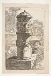 Eine hohe bedeckte Urne und eine Schale in einer Landschaft mit klassischen Ruinen